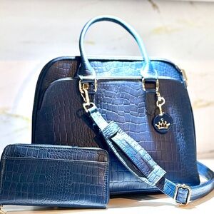Elegant Blue Crocodile-Embossed Women's Bag Set